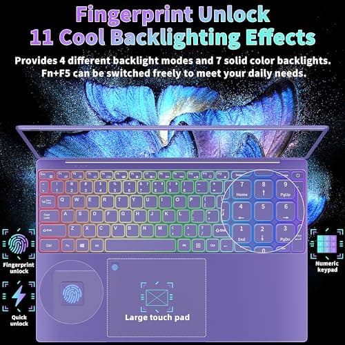 16" Purple Laptop - 12th Gen Intel N95, 12GB LPDDR5 RAM, 1TB NVMe SSD, 2K FHD IPS Display, 7-Color Backlit Keyboard, Fingerprint, Win11 Pro/Office 2019 | Lightweight for Study Work & Play