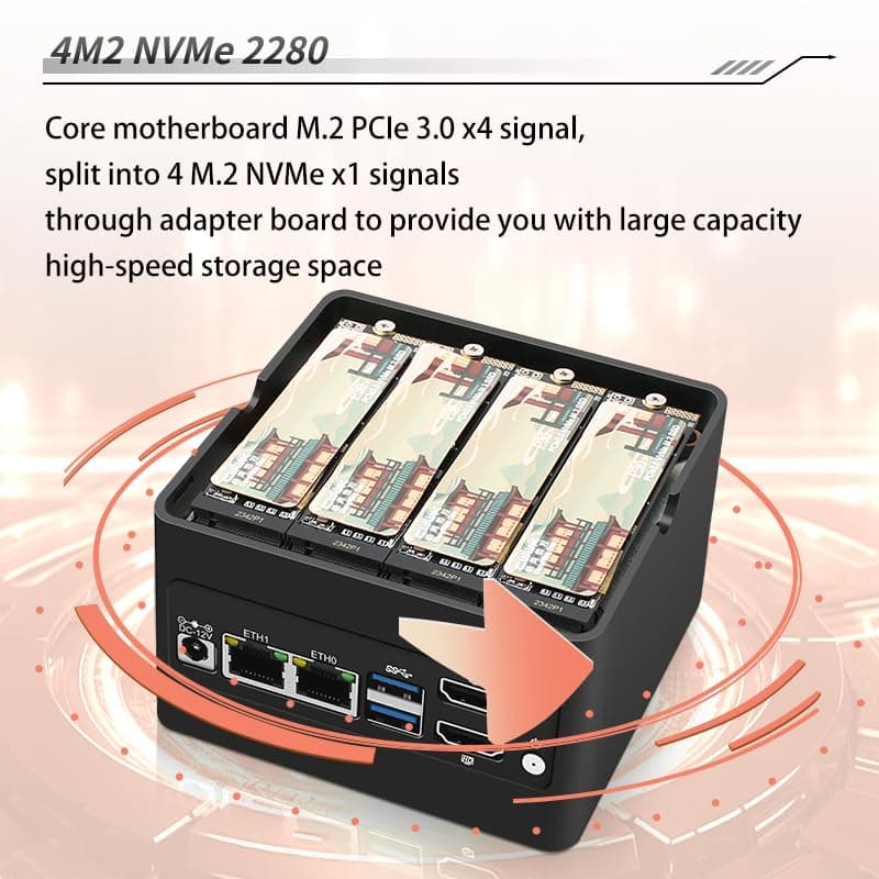 N355 Mini PC 4-Bay NAS Server Pocket Host X86 P6 Lake-N355(Upgraded intelN305) 4M.2 NVMe Expansion Slots, DDR5 4800MHz, Dual 2.5G Network Cards (NO RAM NO SSD)