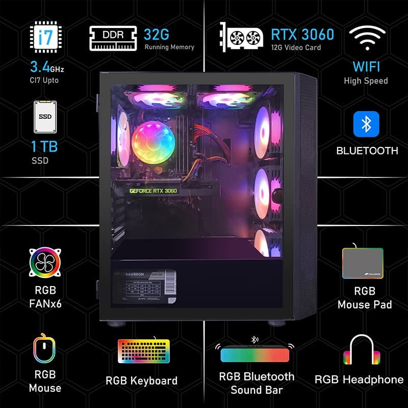 STGAubron Desktop PC, Intel Core i7 up to 3.9G, GeForce RTX 3060 12G GDDR6, 32G, 1TB SSD, WiFi, BT 5.0, RGB Fanx6, RGB Keybaord, RGB Mouse, Mouse Pad, RGB Bluetooth Sound Bar, RGB BT Gaming Mic W1
