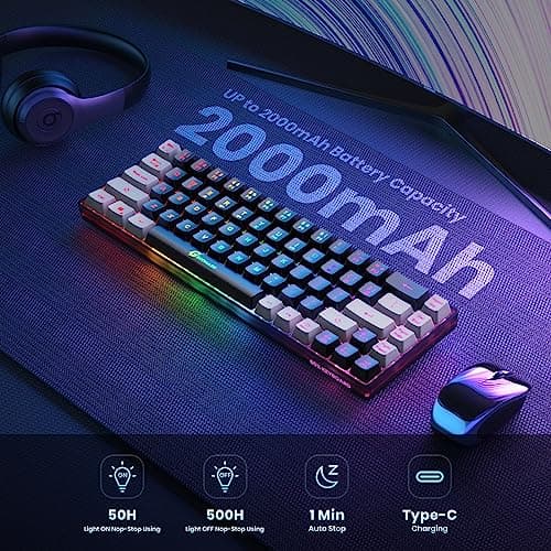 65% Wireless Gaming Keyboard, Rechargeable Backlit Gaming Keyboard, 68 Keys Ultra-Compact Anti-ghosting No-Conflict Wireless Keyboard for PC Laptop Windows Gamer(Black-Grey)