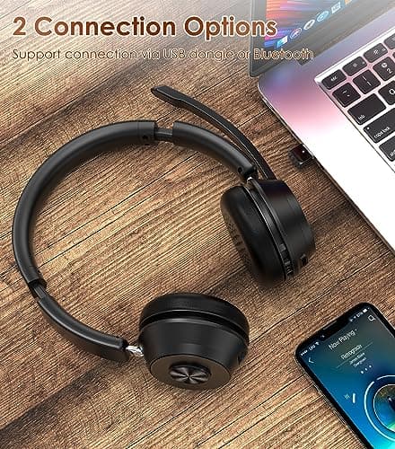 (Upgraded Version) Wireless Headset, Bluetooth Headset with Noise Cancelling Microphone, Best Headphones with Mic Mute & USB Dongle for PC/Computer/Laptop/Cell Phones/Remote Work/Call Center