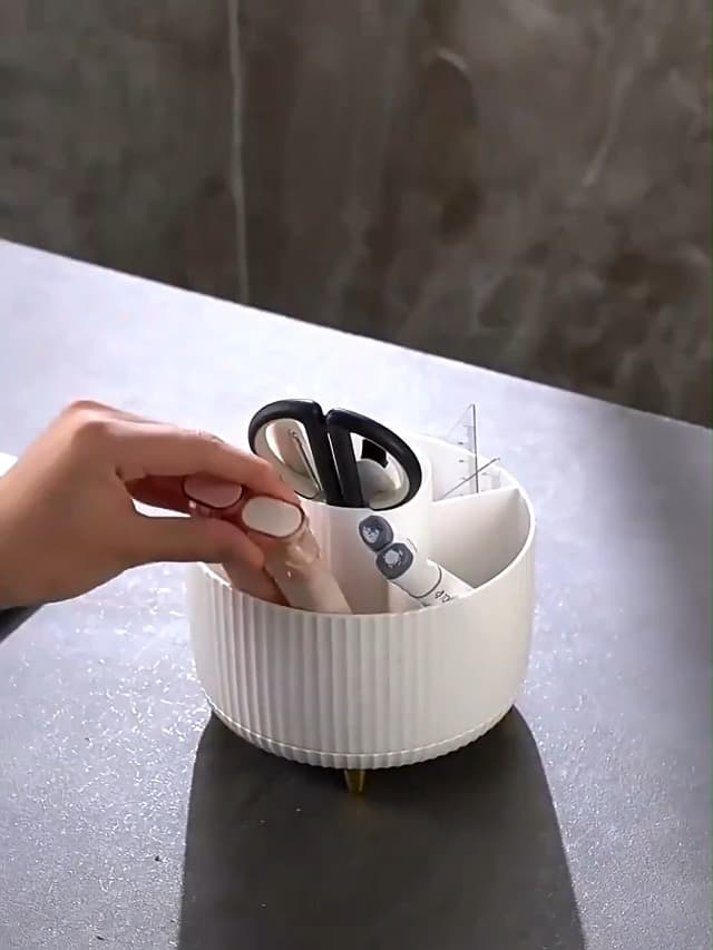 Pencil Holder For Desk,5 Slots 360°Degree Rotating Desk Organizers And Accessories,Desktop Storage Stationery Supplies Organizer, Cute Pencil Cup Pot For Office, School, Home (B-White)