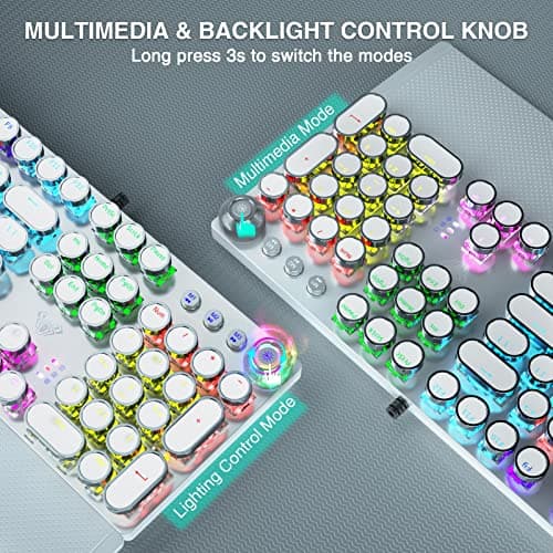 AULA F2088 Typewriter Style Mechanical Gaming Keyboard,Rainbow LED Backlit,Removable Wrist Rest,Media Control Knob,Retro Punk Round Keycaps,USB Wired Computer Keyboard,White