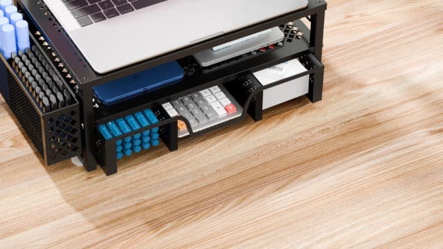 Simple Trending 2 Tier Metal Monitor Stand Monitor riser and Computer Desk Organizer with Drawer and Pen Holder for Laptop, Computer, iMac, Black