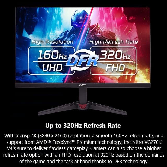 Acer Nitro 27” 4K UHD 3840 x 2160 Gaming IPS Monitor | AMD FreeSync Premium | Up to 160Hz Refresh Rate with DFR to FHD 320Hz| Up to 0.5ms | 1 x Display Port 1.4 & 2 x HDMI 2.1 Ports | VG270K V4bmiipx