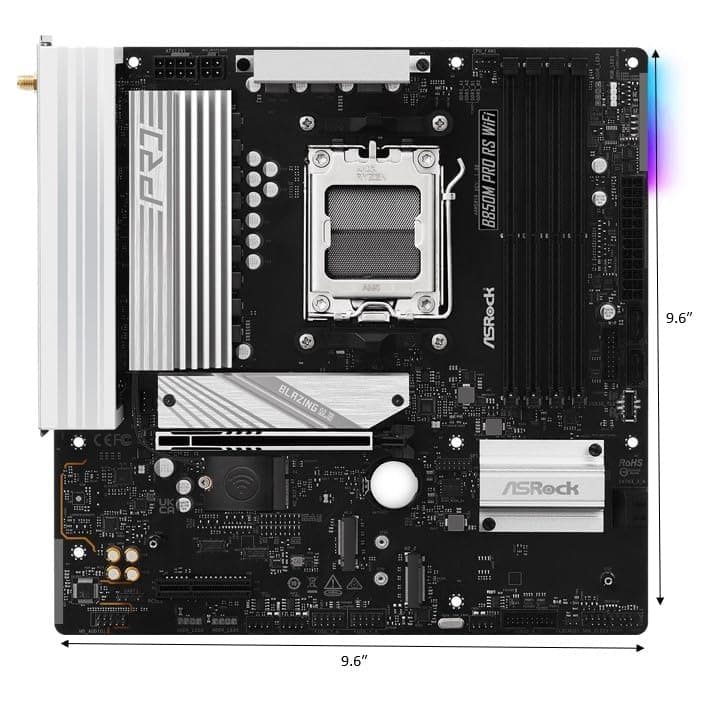 ASRock AMD B850M Pro RS WiFi 6E Socket AM5 Ryzen 9000, 8000 and 7000 Series DDR5 B850 up to 8000+ (OC) MHz 256GB Micro ATX Motherboard M.2 SATA3 6.0 Gb/s PCIe 5.0 Realtek 2.5G LAN BIOS Flashback