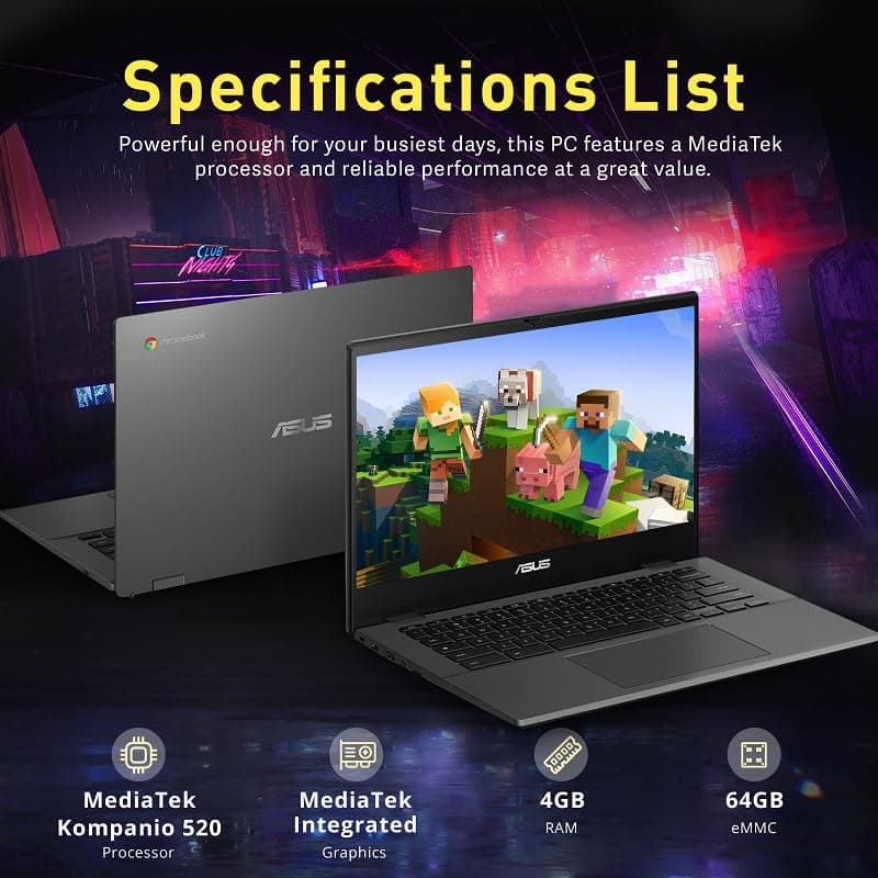 ASUS Chromebook 14" FHD Anti-Glare Laptop, MediaTek Kompanio 520, 4GB LPDDR4X, 64GB eMMC, Webcam, WiFi 6, Bluetooth, Chrome OS, Gravity Gray, CM1402CM2A-M8186