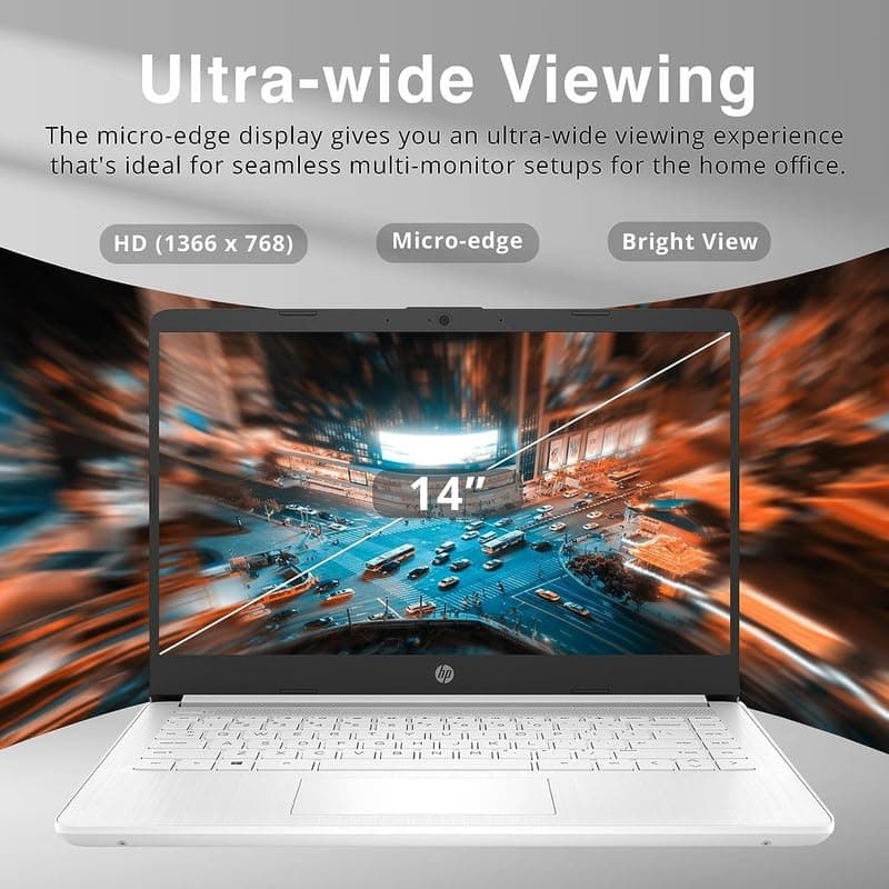 HP 2024 Premium 14" Micro-Edge Portable Laptop Student Business, Intel Quad-Core N4120, 4GB RAM, 128GB (64GB eMMC+ 64GB Card), Webcam, WiFi, Windows 11S + 1 Year Office 365, MarxsolAccessory White