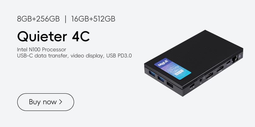MeLE Mini PC Quieter 4C - 12th Gen N100, Fanless PC, 16GB Memory, 512GB Storage,with Windows 11 Pro, 2.4/5G Wi-Fi, Full-Functional USB-C, 4K Triple Display Desktop