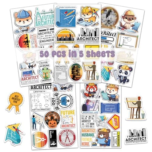 50 PCS Architect Pack Stickers Work Funny Vinyl Decals Waterproof for Adults Men Women Decor Laptop Computer Notebook Phone Cases Map Architecture Graphics Labels Art Jobs