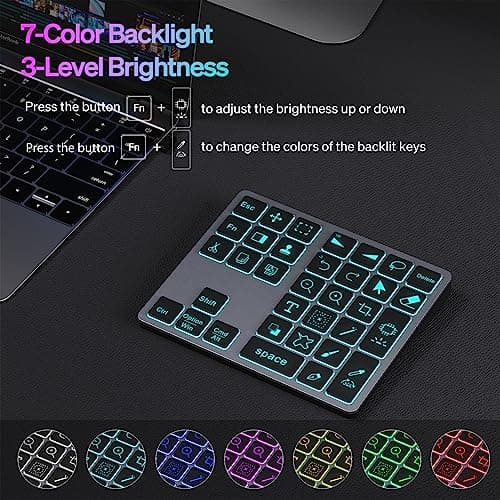 Doohoeek Bluetooth Shortcut Keyboard for Adobe Photoshop for PC Computer, Desktop, iPad & MacBook, PS Shortcut Hotkeys Keypad Rechargeable with 7-Color Backlit Key for MacOS, iOS & Windows