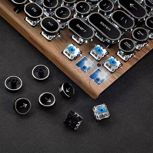 Adventurers Typewriter-Style Retro Mechanical Keyboard LED Backlight 83 Keys Bluetooth 5.0 Blue Axis Wood Color Panel Compatible with iOS/Android/Windows/Vista/Linux/Mac Office/Gaming, 12.8x6.6x1.6in
