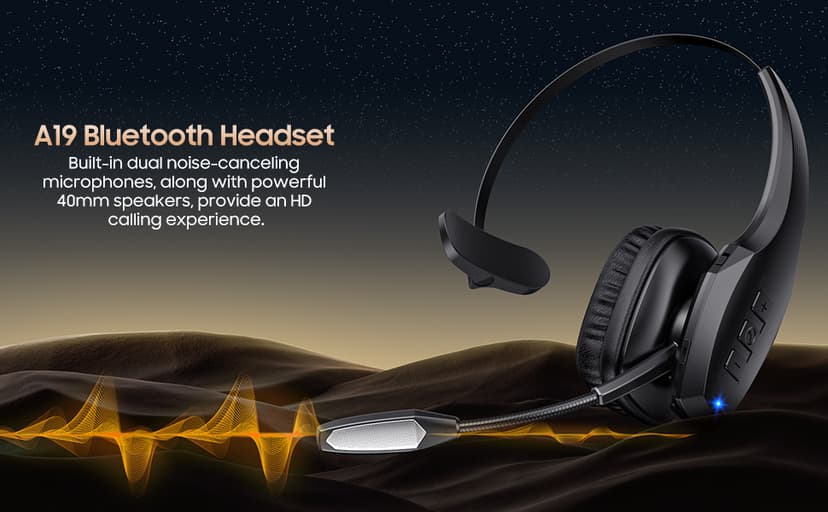 Trucker Bluetooth Headset, Wireless Headset with Mic, Bluetooth Headsets with Dual Noise Cancelling Microphone & Mute Button, 55Hrs Working Time PC Headsets for Cell Phones, Computer, Truck Driver