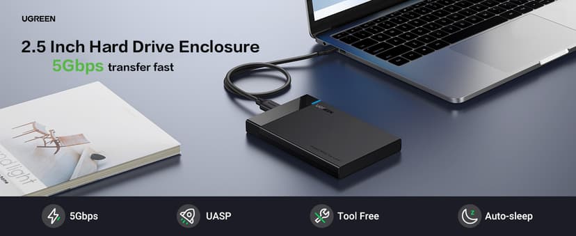 UGREEN 2.5" Hard Drive Enclosure USB 3.0 to SATA III Adapter Supports 2.5 Inch SSD & HDD 9.5mm 7mm External Hard Drive Enclosure with UASP Compatible with WD Seagate Toshiba Samsung Hitachi - Black