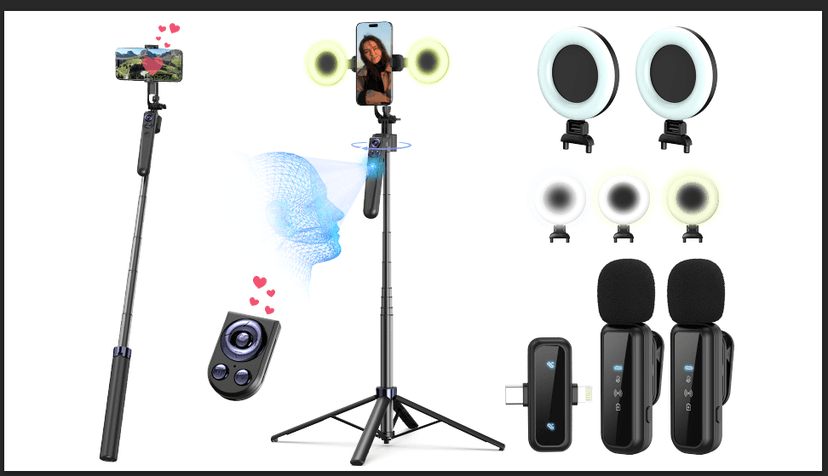 Vlogging Kit for iPhone/Android, 63”Auto Face Tracking Tripod for iPhone with Light, Wireless Microphones, Scrolling Remote Control for TikTok, Content Creator Kit for YouTube Starter