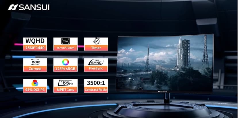 SANSUI 32-Inch Curved Gaming Monitor WQHD 2560 x 1440 180Hz Curved 1500R -1ms(OD), HDR, 300nits, sRGB 125%, DCI-P3 95%, FreeSync, HDMI x2, DP1.2x2(ES-G32C3 DP Cable Included)