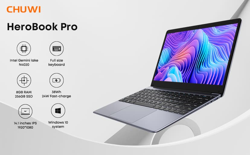 CHUWI HeroBook Pro 14.1'' Laptop, 256GB SSD 8GB RAM, Windows 11 Laptops, 2TB SSD Expand, Intel Celeron N4020(up to 2.8GHz), 2K FHD IPS Display, Ultra Slim, Mini-HDMI, 5G WiFi, USB3.0, Webcam,TF Card