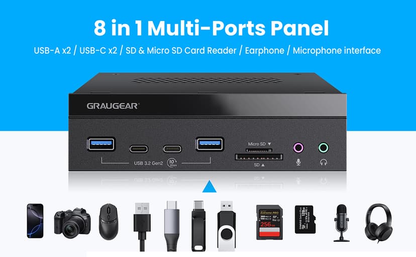 GRAUGEAR 5.25 Inch 10Gbps USB 3.2 PC Front Panel Card Reader with Audio Ports, SD/microSD Internal Card Reader, USB3.2 Type-E Key-A 20-Pin Header & USB3.0 Header & 15-Pin SATA Power Connector Required