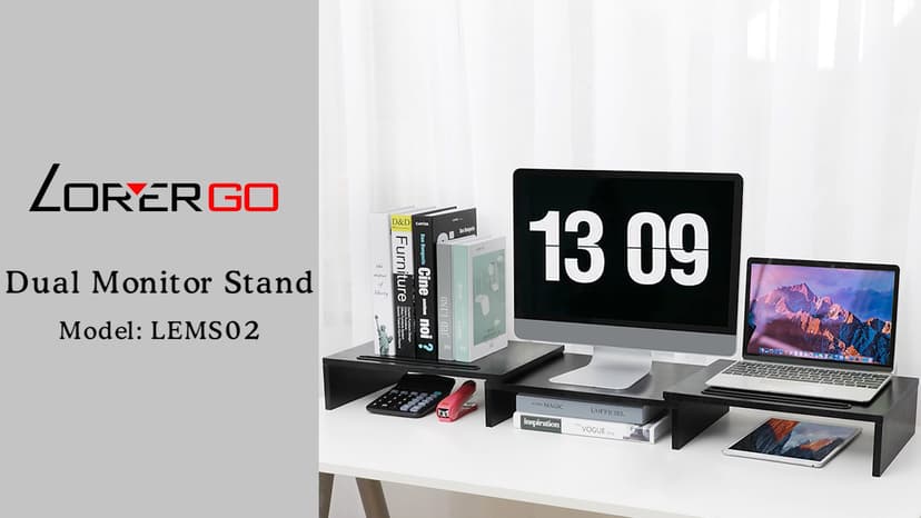 LORYERGO Dual Monitor Stand for 2 Monitors, Desk Riser With Storage, Computer Stand w/Slot for Tablet Cellphone, for PC, Laptop, Printer