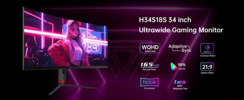 34'' Curved Ultrawide Gaming Monitor, 21:9, 3440x1440p 165Hz 1ms, 1500R Curved Monitor, Freesync G-sync, Picture by Picture,PIP, Height/Tilt/Swivel/Pivot