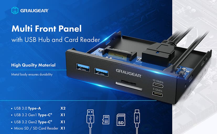 GRAUGEAR 3.5 Inch Front Panel USB C Hub, SD/microSD Internal Card Reader, 20Gbps USB 3.2 Gen 2x2, USB3.2 Type-E Key-A 20-Pin Header & USB3.0 Header & 15-Pin SATA Power Connector Required [G-MP01CR]
