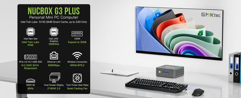 GMKtec G3 Plus Mini PC, Intel Twin Lake N150(Upgraded N100) 16GB RAM 512GB M.2 2280 SSD, Mini Desktop Computer Dual HDMI/WiFi6/BT5.2