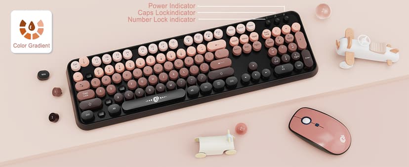Wireless Keyboard Mouse Combo,104 Round Keys Cute Colorful Keyboard with Retro Typewriter Style,Letton Full Size Keyboard with Number Pad&Mouse with 3 DPI for PC Mac Laptop Computer Windows-Black