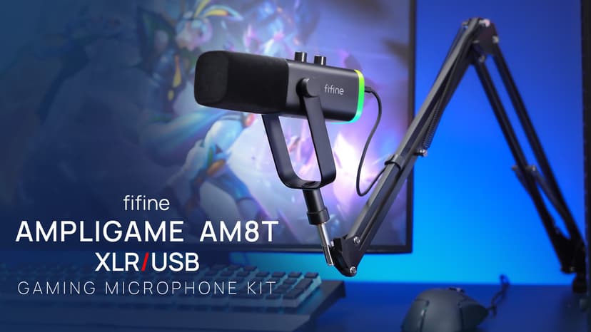 FIFINE XLR/USB Gaming Microphone Set, Dynamic PC Mic for Streaming Podcasting, Computer RGB Mic Kit with Boom Arm Stand, Mute Button, Headphones Jack, for Recording Vocal Voice-Over-AmpliGame AM8T