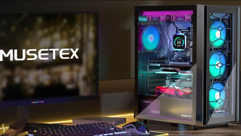 MUSETEX ATX PC Case, 6 PWM ARGB Fans Pre-Installed, Computer Case with Opening Tempered Glass Door, Mid Tower Gaming PC Case, USB 3.0 x 2, Black, G07