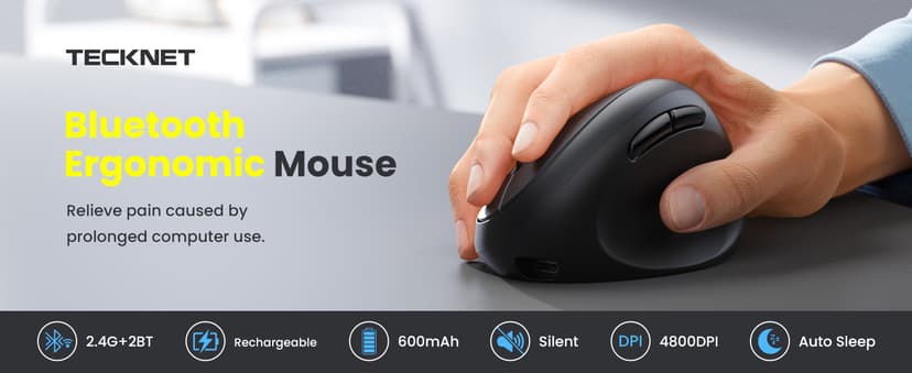 TECKNET Ergonomic Mouse, Bluetooth Wireless Vertical Mouse, Rechargeable Battery, Quiet Clicks, 4800 DPI Adjustable, BT5.0/3.0 & 2.4G Connect, Easy to use, Wide Compatibility - Black