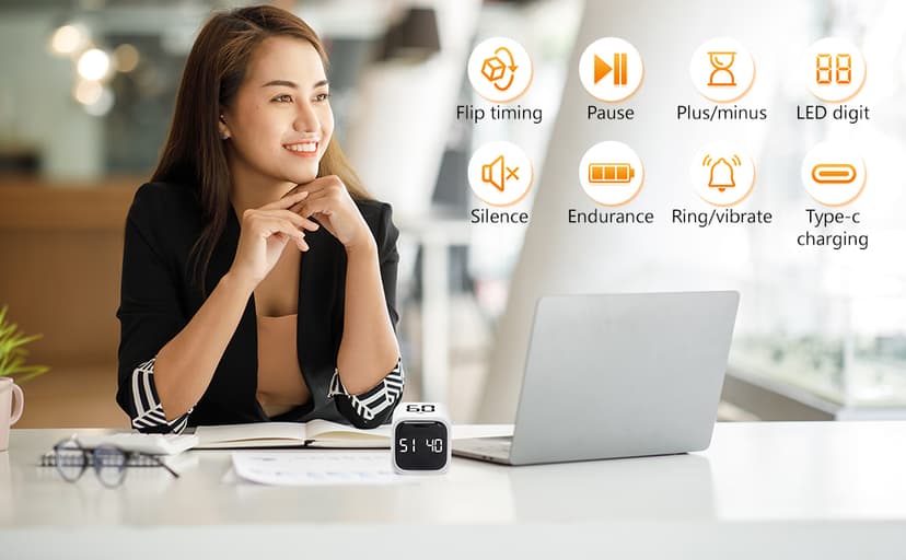 GuDoQi Multi-Function Cube Timer, 5/10/30/60 Min & Custom Count Down, Included Pause & Resume Feature, Silent, Vibrate & Adjustable Sound Alarm for Productivity in Tasks, Study & Kitchen, Black