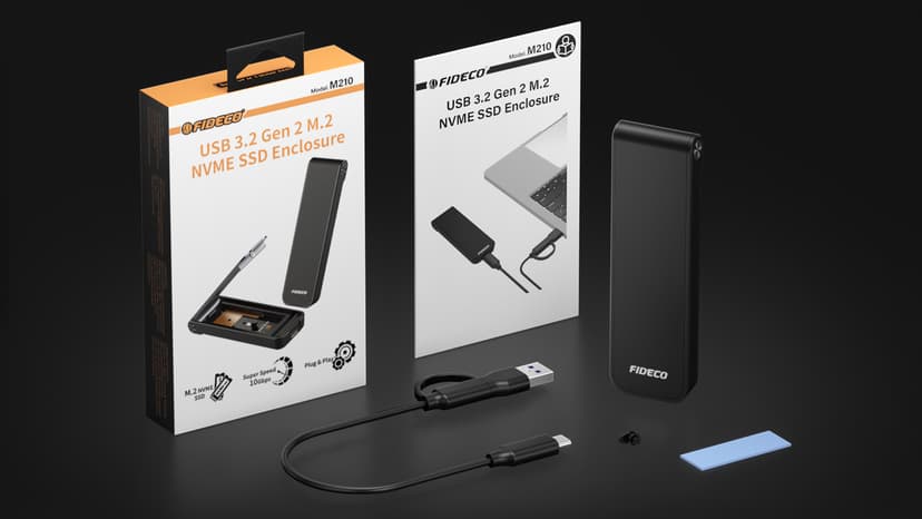 FIDECO M.2 NVMe SSD Enclosure, USB 3.2 Gen 2 to PCIe NVMe Adapter, Sandwich Style Design, Tool-Free Installation, Support UASP and Trim