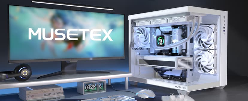 MUSETEX ATX PC Case, 360MM RAD Support, 3 x 120mm Non-ARGB Fans Pre-Installed, 270° Full View Tempered Glass Gaming PC Case with Type-C, Mid Tower ATX Computer Case, White, Y6