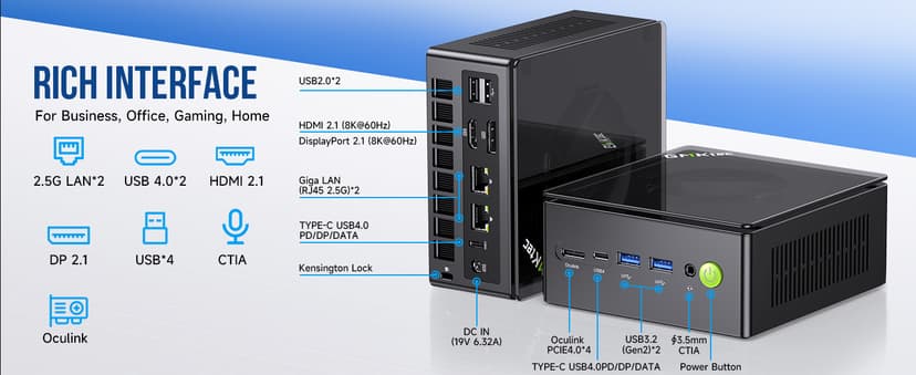 GMKtec Gaming Mini PC K8 Plus AMD Ryzen 7 8845HS(8C/16T, up to 5.1GHz) 32GB DDR5 RAM 1TB SSD, Desktop Computer Dual NIC 2.5G, HDMI 2.1, USB4