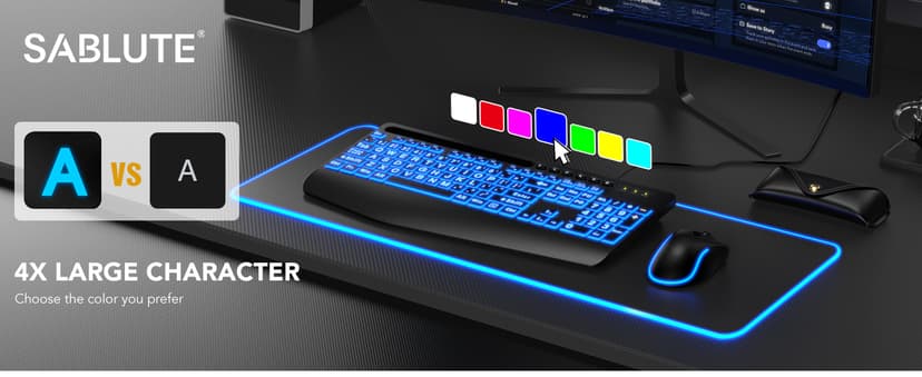 SABLUTE Large Print Backlit Keyboard, Wired USB Computer Keyboards with 7-Colors Backlight, Wrist Rest, Phone Holder, Oversized Letter Keys Easy to See and Type for Laptop, PC, Windows, Black