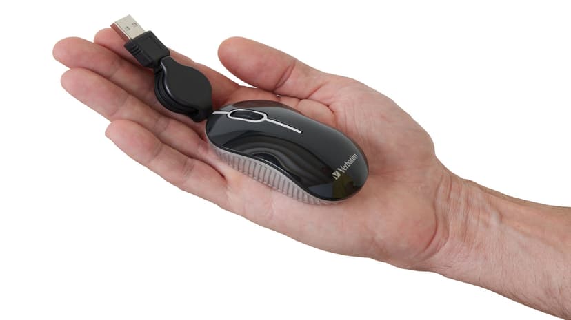 Verbatim Wired Optical Computer Mini USB-A Mouse - Plug & Play Corded Small Travel Mouse with Retractable Cable – Black 98113