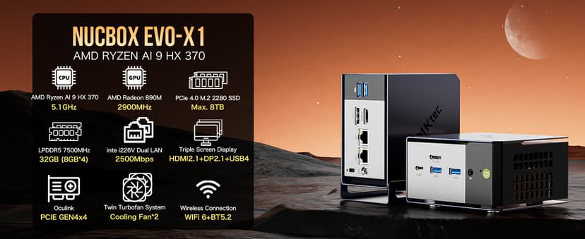 GMKtec EVO-X1 AI Mini PC AMD Ryzen AI 9 HX-370 Series (Up to 5.1GHz) Gaming Computers, 64GB DDR5 1TB PCIe 4.0 SSD, Triple Screen 8K Display, WiFi 6 & USB4/Oculink Interface