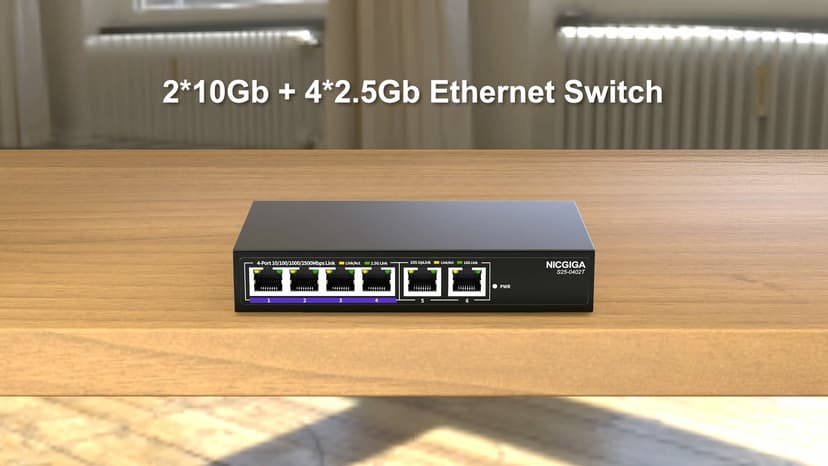 10Gbe Ethernet Switch Unmanaged with 2 x 10Gb RJ45 Ports ➕ 4 x 2.5Gb Base-T Ports, Desktop/Wall Mount NICGIGA 6 Port 10Gbps Network Switch for Wireless AP, NAS, PC