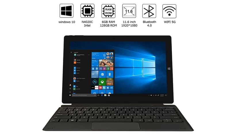 Windows Tablet with Keyboard, 11.6 inch 2-in-1 Tablets Laptops Touchscreen Windows 11, Intel Celeron, 1920 * 1080 IPS 6GB RAM 128GB EMMC 2.4G/5G WiFi Bluetooth HDMI USB