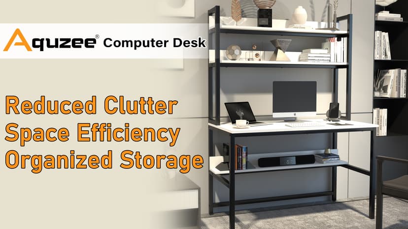 Aquzee Computer Desk with Shelves, 47" W x 23.6" D Gaming Desk with Hutch and Bookshelf, White Study Table for Bedroom Space Saving with 3 Tier Storage Shelf, Home Office Desk for Writing Work