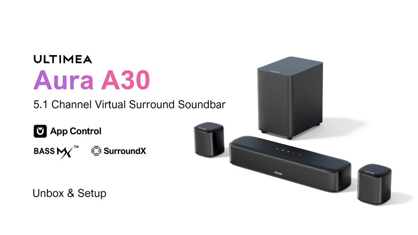 ULTIMEA 5.1ch Sound Bar with Subwoofer, Home Theater Virtual Surround Sound System for TV, Soundbar with App Control, 2 Surround Speakers, Opt/AUX, Peak Power 250W, Aura A30