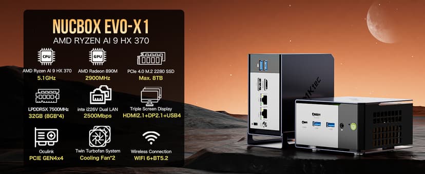 GMKtec EVO-X1 AI Mini PC AMD Ryzen AI 9 HX-370 Series (up to 5.1GHz) Mini Gaming Computers, 32GB LPDDR5X 2TB PCIe 4.0 SSD, Triple Screen 8K Display, WiFi 6 & USB4/Oculink Interface