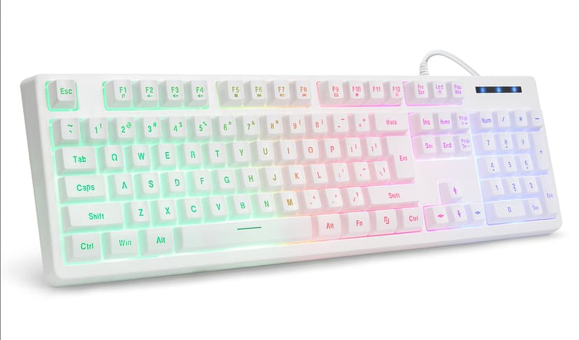 HUO JI White Gaming Keyboard USB Wired with Rainbow LED Backlit, Floating Keys, Mechanical Feeling, Spill Resistant, Ergonomic for Xbox, PS Series, Desktop, Computer, PC