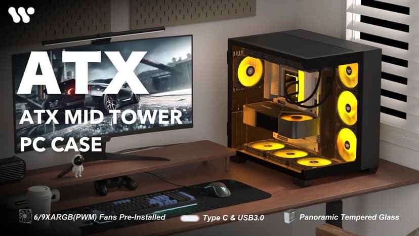 ANSAITE PC CASE ATX 9 PWM ARGB Fans Pre-Installed, Mid-Tower Gaming PC Case, Panoramic Tempered Glass White Computer Case with Type-C,360mm Radiator Support,W9