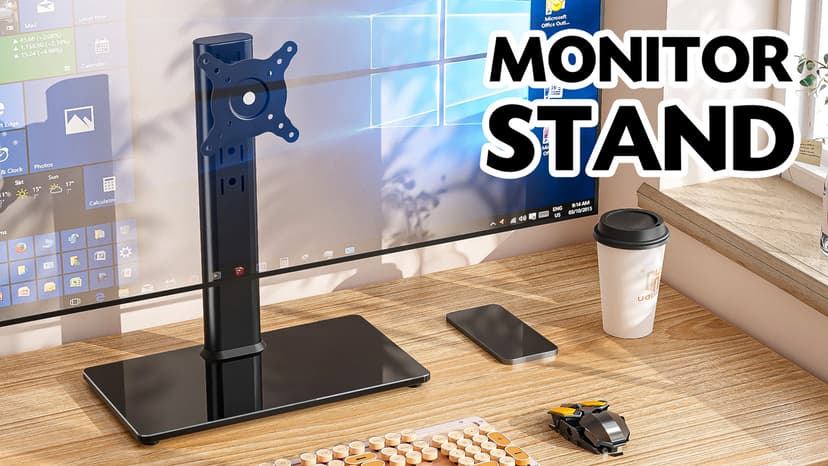 Single LCD Computer Monitor Free-Standing Desk Stand Mount Riser for 13 inch to 32 inch screen with Swivel, Height Adjustable, Rotation, Vesa Base Stand Holds One (1) Screen up to 77Lbs(HT05B-001))
