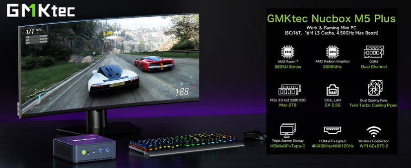 GMKtec M5 Plus Gaming Mini PC Ryzen 7 5825U (Upgraded 7430U/ 5700U), 32GB RAM 1TB SSD Dual NIC LAN 2.5GbE Desktop Computers Office Home, Triple 4K Display, WiFi 6E, USB3.2, USB-C, BT 5.2, DP, HDMI 2.0
