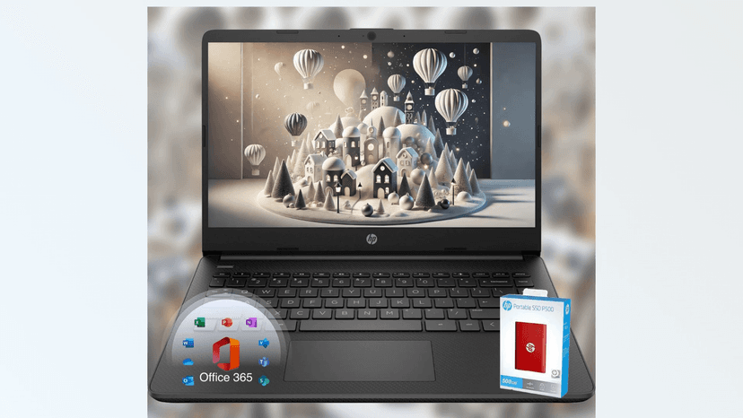 HP 14 Laptop • Back to School Limited Edition with Microsoft 365 • 4-Core Intel CPU • 16GB RAM • 1.6TB Storage (128GB OnBoard + 512GB P500 Portable SSD + 1TB OneDrive) • Black • Win 11
