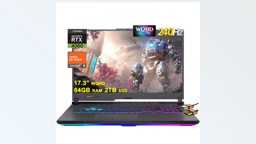 Asus ROG Strix G17 G713 Gaming Laptop 17.3" WQHD IPS 240Hz AMD 12-Core Ryzen 9 7845HX (Beat i9-12900H) 64GB DDR5 2TB SSD GeForce RTX 4060 8GB USB-C RGB Backlit Fast Charging Win11 Black + HDMI Cable