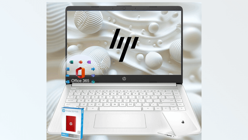 HP 14 Ultrabook • Back to School Limited Edition with Microsoft 365 • Intel 4-Core CPU • 16GB RAM • 1600GB Storage (64GB OnBoard withHP 512GB P500 Portable SSD + 1TB OneDrive) • Snow White • Win 11