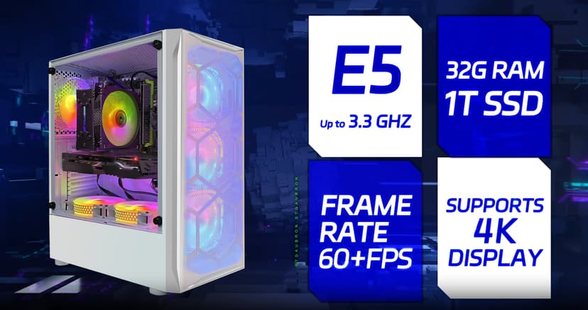 STGAubron Gaming Desktop, Radeon RX 590 8G GDDR5, Intel Xeon E5 2.5G up to 3.3G, 32G Memory, 1T SSD, 600M WiFi, BT 5.0, RGB Fan x 6, RGB Mouse Pad, Windows 10 Home, White
